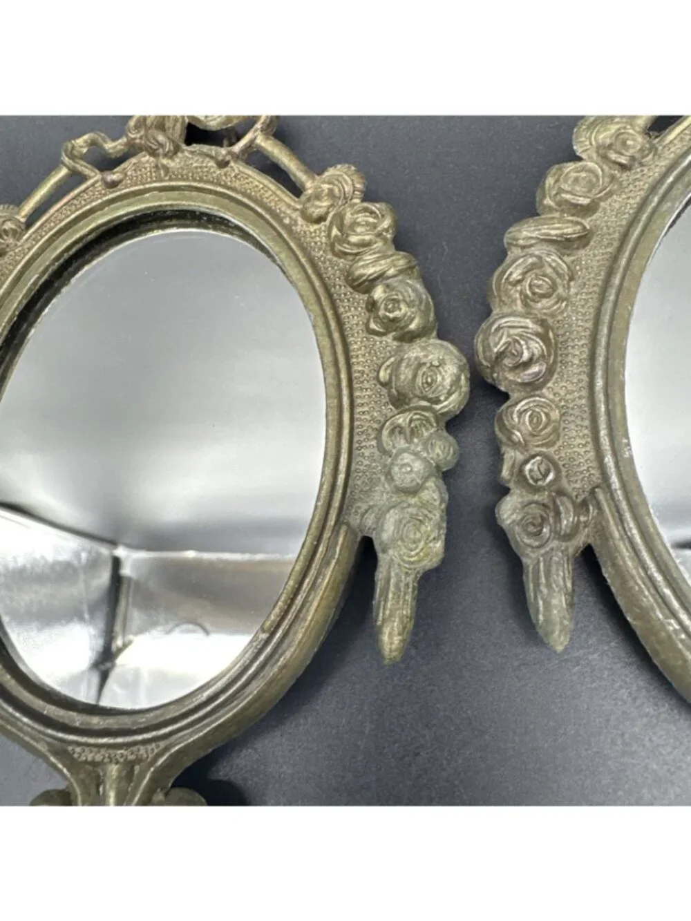 VTG 6” Ornate Gold Bronze Wall Hanging Mirror Set Floral Bow Rocco Gallery Italy
